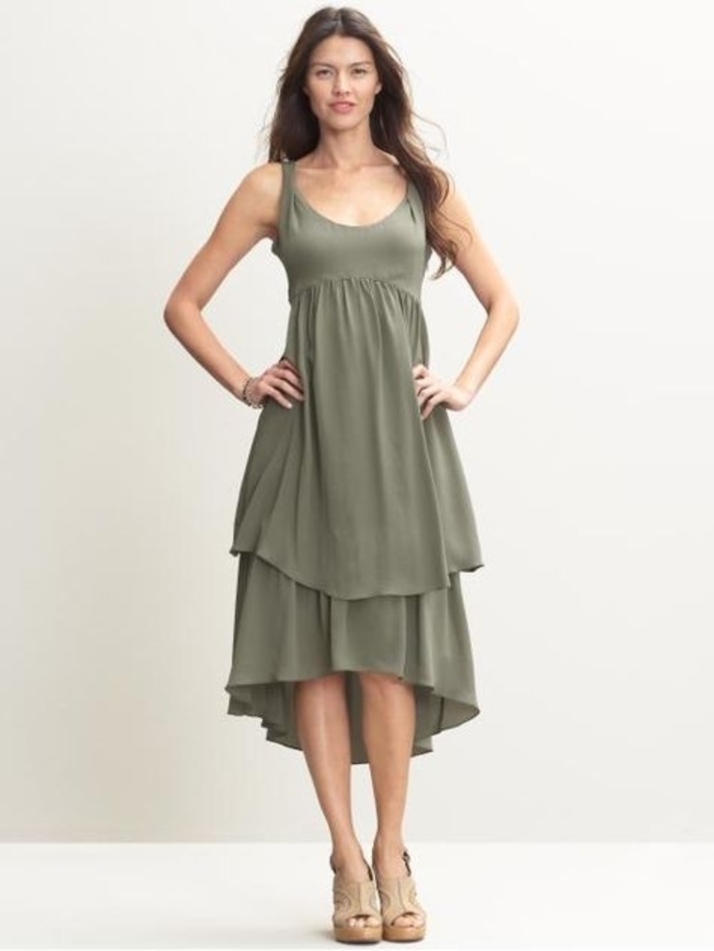 Banana Republic Silk High Low Midi Dress Olive Empire Waist 4
